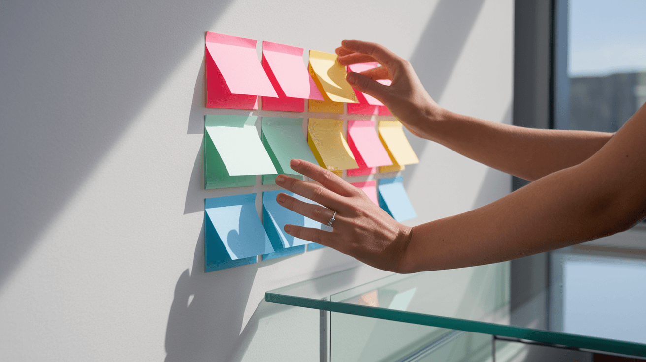 "Professional arranging colorful sticky notes on a minimal white wall in natural daylight, with office supplies on a glass desk and a silver ring on the well-manicured hands"