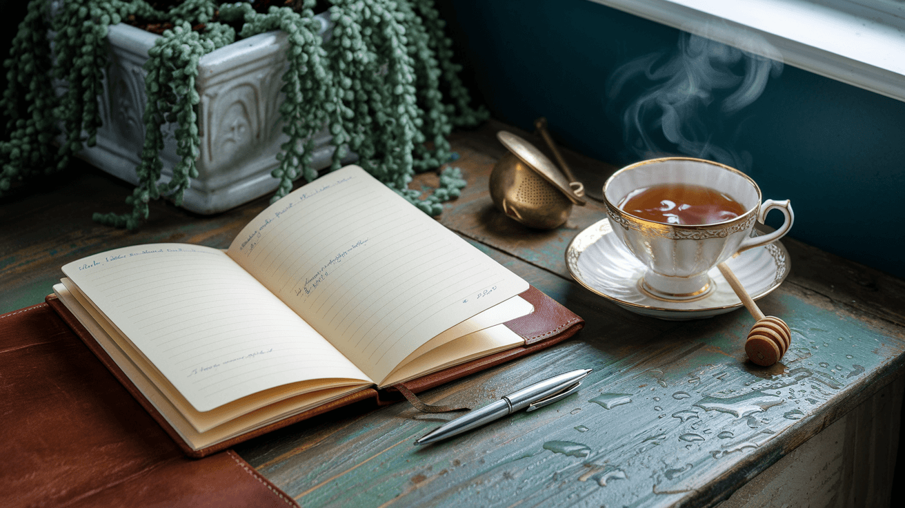 "Leather-bound journal on a wooden desk with a silver pen, a bone china teacup of Earl Grey tea, a brass tea strainer, a honey dipper, and a potted string of pearls plant in the background"