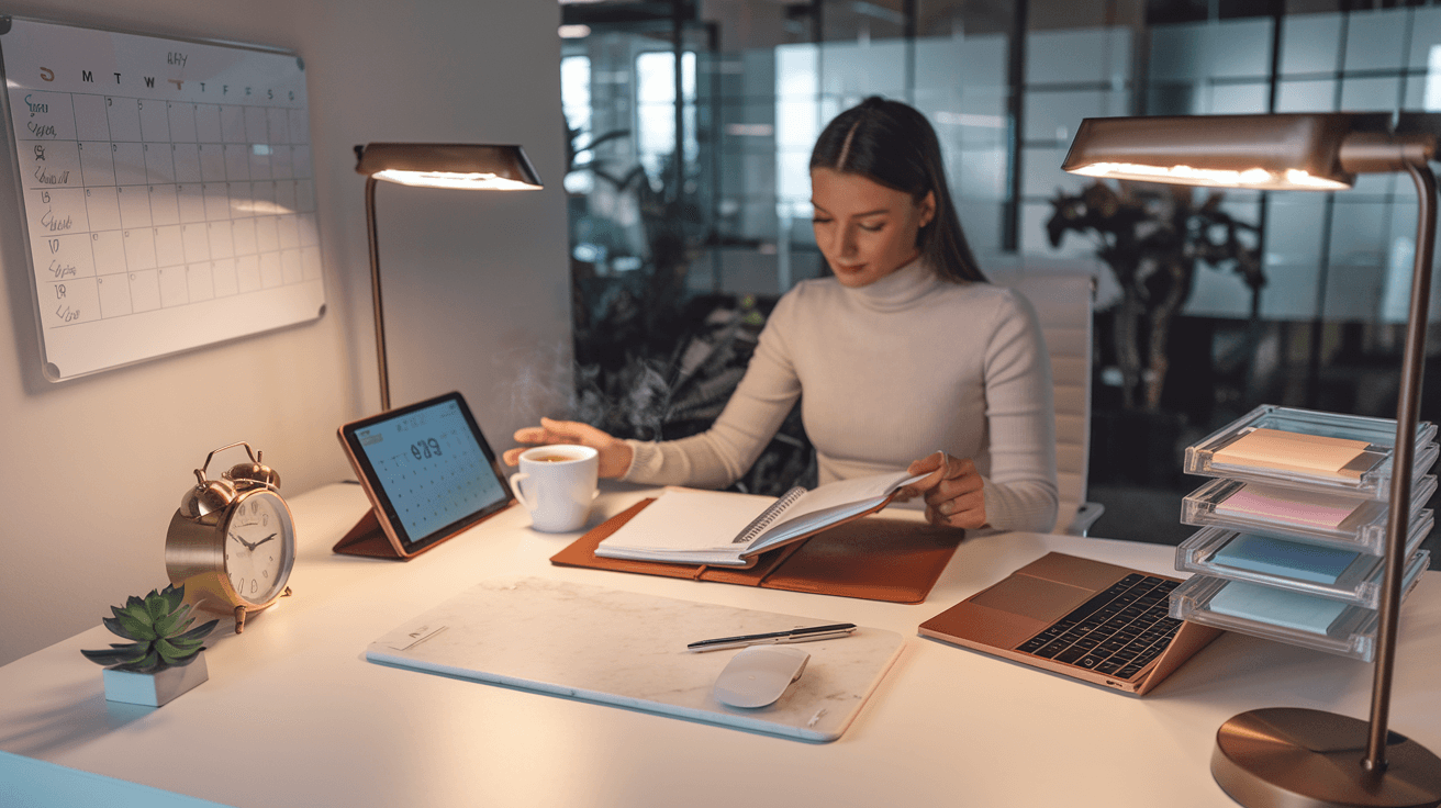 "Young professional reviewing planner at white desk with organized productivity tools, digital tablet, clock, and coffee mug, in modern office space"